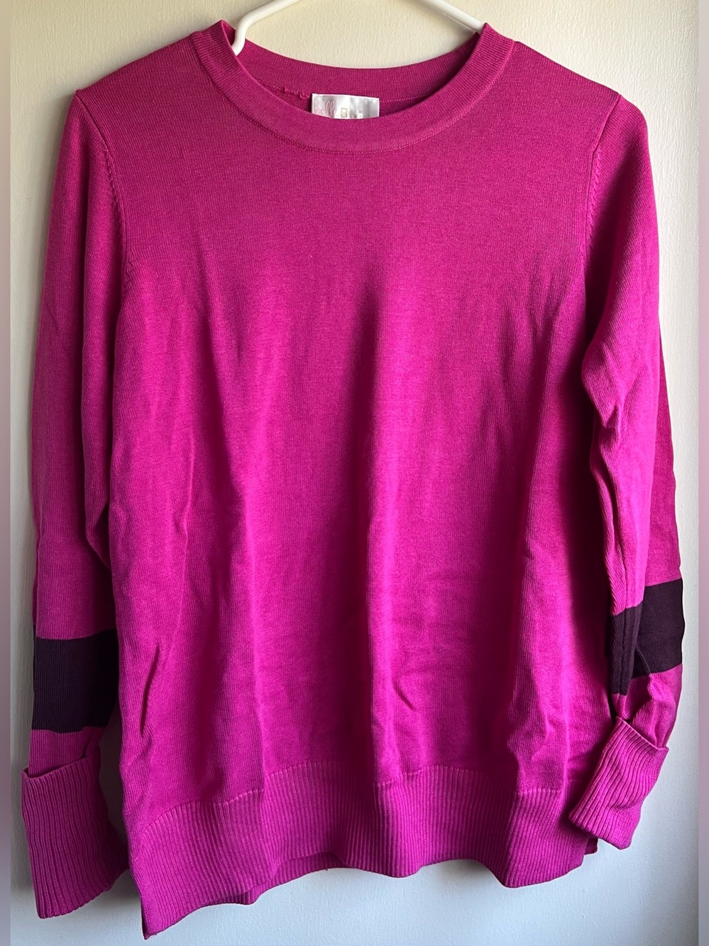 NWOT Belle by Kim Gravel Bright Pink Crewneck Sweater with Dark Sleeve Band